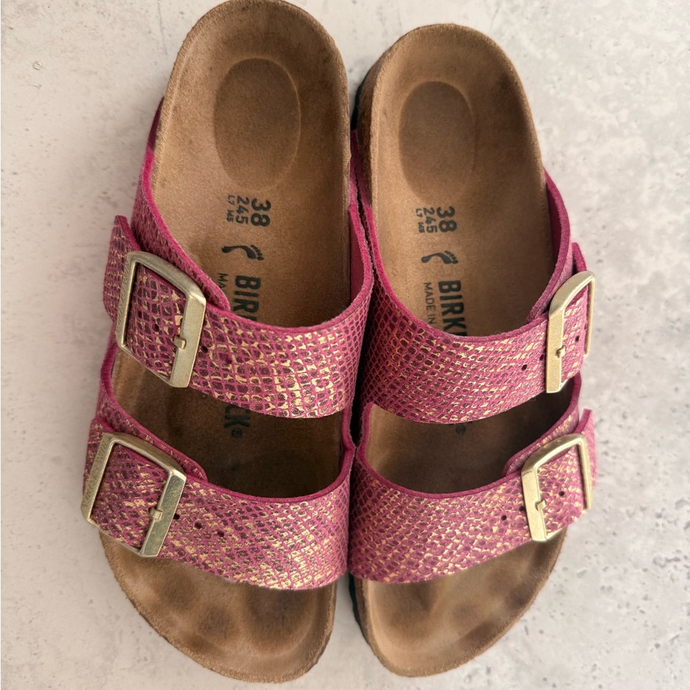 Birkenstock Fuchsia Sandals with Metallic Buckles